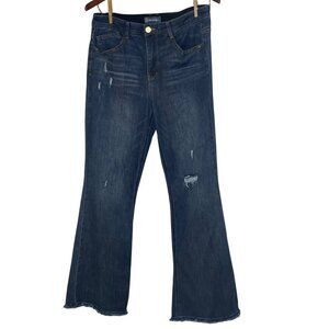 Democracy "Ab" Solution Distressed Flare Jeans High Rise Blue Sz 12 Raw Edge